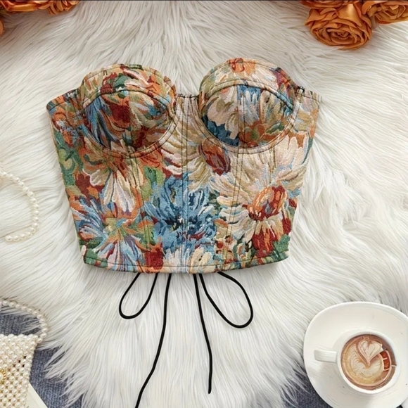 Tops - New Style French-Style Court Bandeau Tube Top with Colorful Chrysanthemum